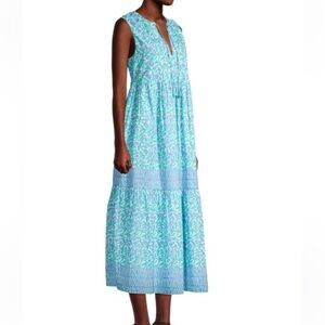 Vineyard Vines Teal Guana Tiered Maxi Dress-MEDIUM-in teal blue,lavender,white